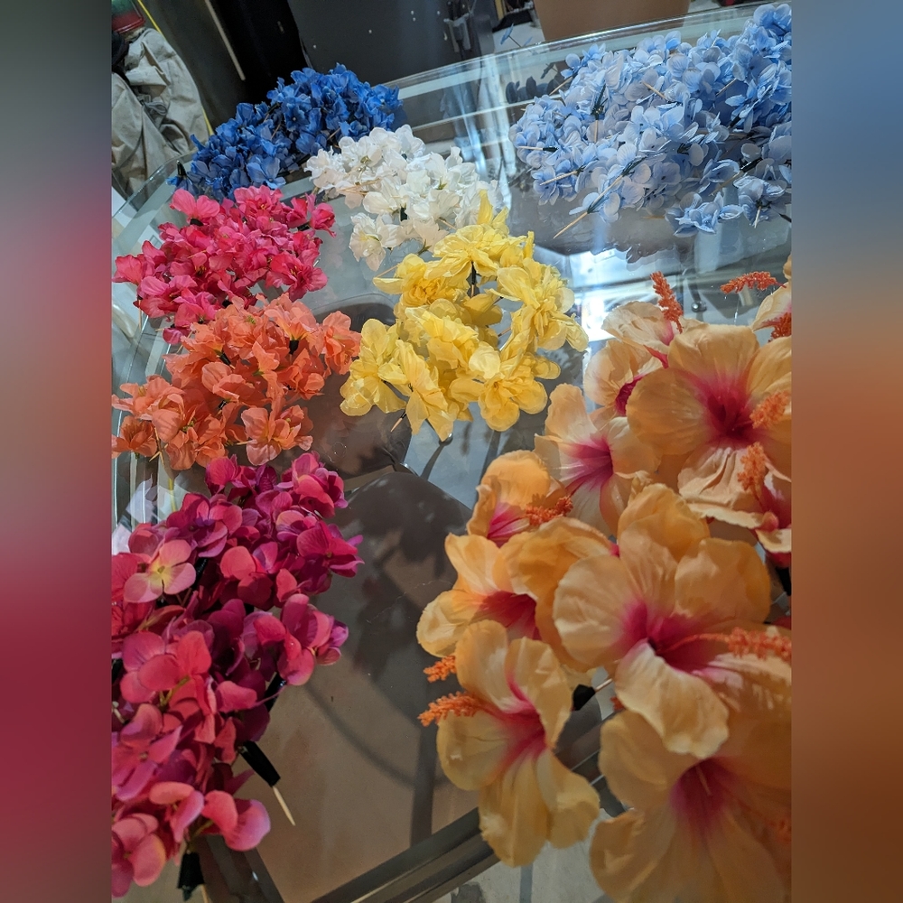 Artificial Silk Flowers from Michael's, blue, pink, white, peach, yellow